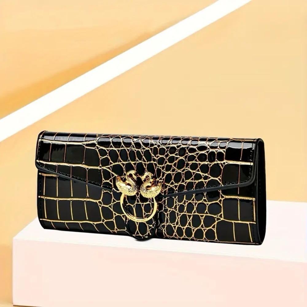Vintage Alligator-Textured Wallet – Black Glossy Clutch for Women with Gold Swan - Picture 7 of 7